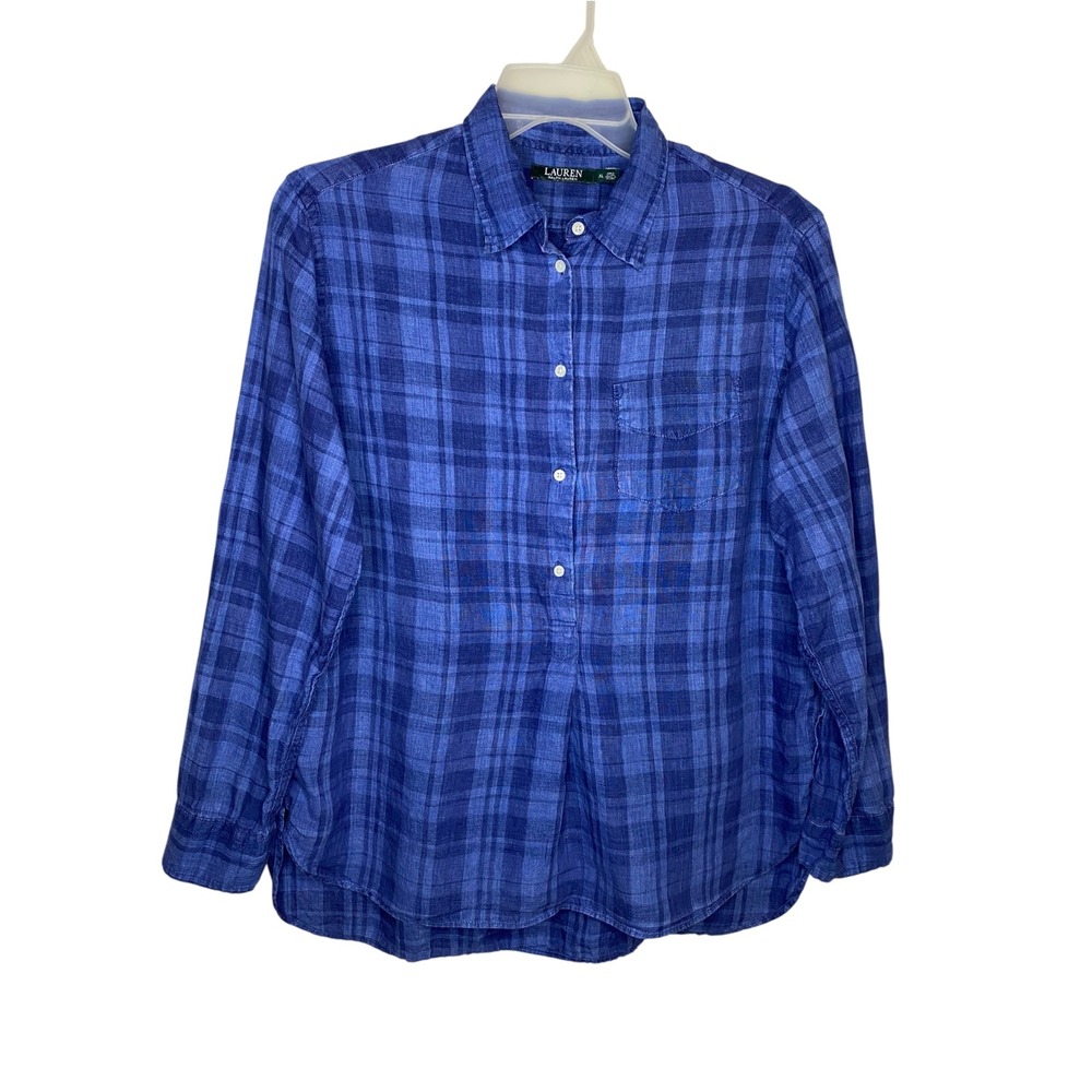 Lauren Ralph Lauren Womens XL Blue Plaid Linen Half Button Tunic Top